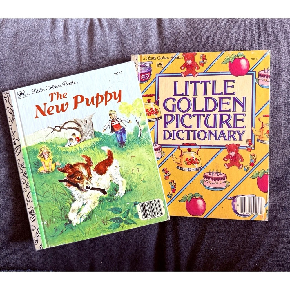 Lot 2 Little Golden Books The New Puppy & Picture Dictionary Vintage Kids